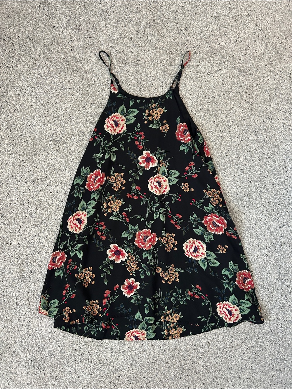 Francesca's Collections Black Floral Slip Mini Dress with Red & Green Accents